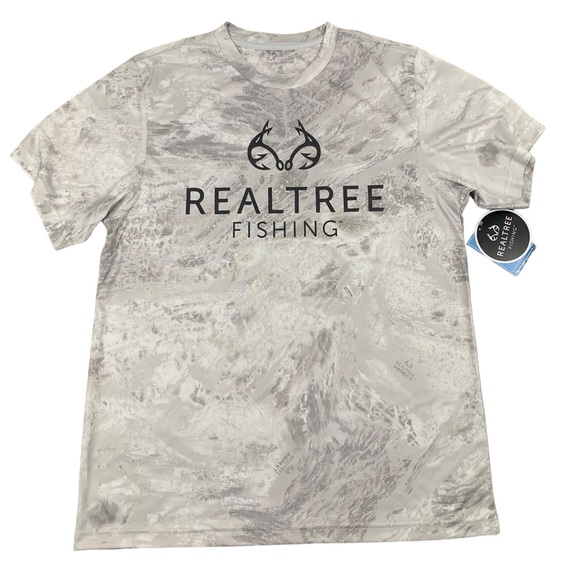 ❤️ NWT RealTree Fishing Shirt Short Sleeve Grey White Round Collar - Picture 1 of 7